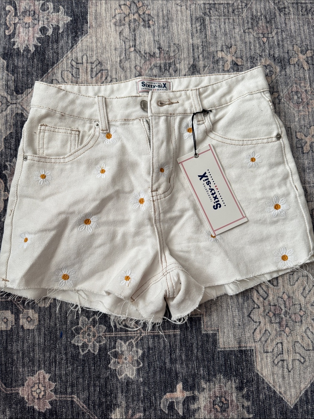 Cream Daisy Embroidered Denim Shorts